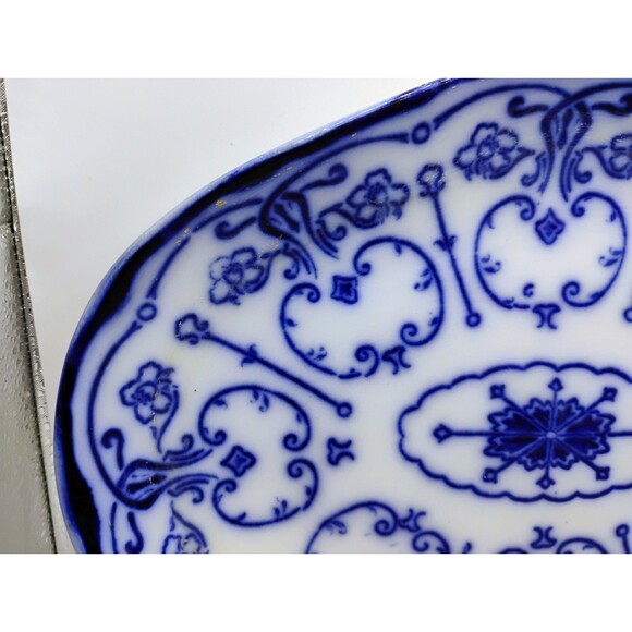ANTIQUE CONWAY FLOW BLUE OVAL PLATE WITH EXTRAVAGANT PATTERN~10 3/4" LONG X 8" W - Picture 4 of 15